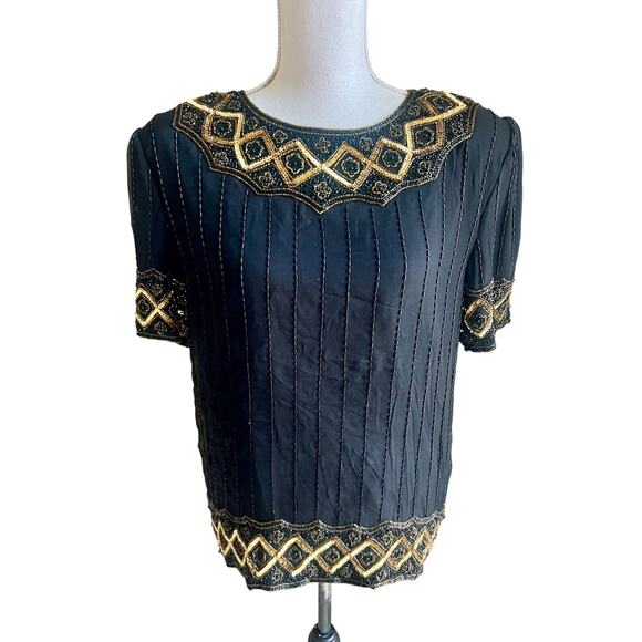 Night Vogue Tops - Vintage Night Vogue silk gold beaded evening cocktail top size XL